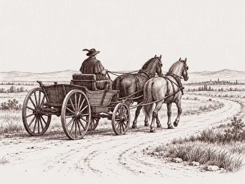 Gravure d'une voiture à cheval ancienne conduite par un cocher