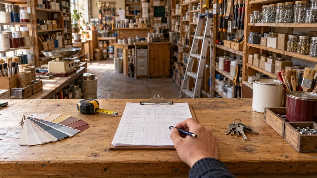 Comptoir d'une quincaillerie pendant l'inventaire de reprise : bloc-notes, mètre ruban, nuancier et trousseau de clés