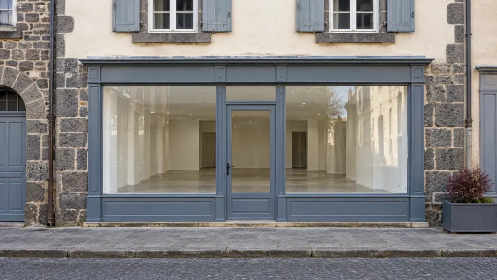 Local commercial vide en pied d'immeuble, façade en pierre de lave et vitrine gris-bleu, dans un centre-bourg d'Auvergne
