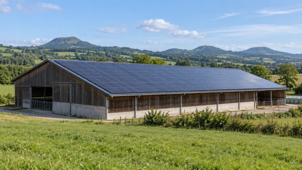 Bâtiment agricole au bardage bois dont la toiture est couverte de panneaux photovoltaïques, dans un pré d'Auvergne