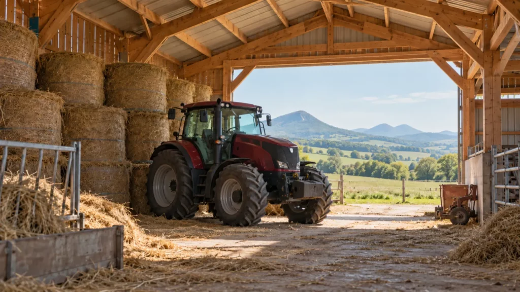 Hangar agricole avec tracteur et balles de foin, volcans au loin