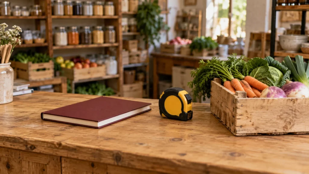 Comptoir d'un commerce de quartier avec carnet, mètre ruban et cagette de légumes