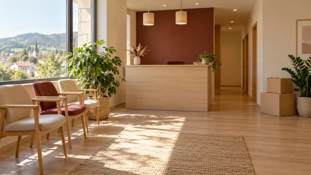 Salle d'attente d'un cabinet rénové, cartons de déménagement encore fermés