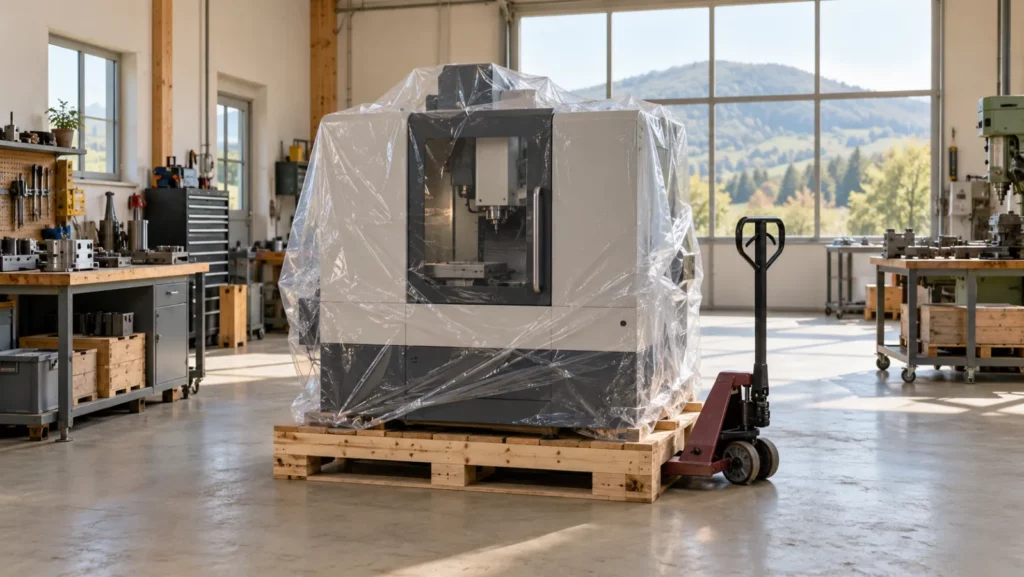 Machine-outil neuve sous film sur une palette, transpalette au pied