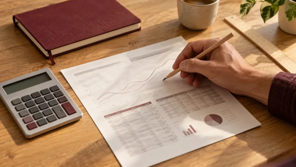 Budget préparé à la main, calculatrice et graphique imprimé