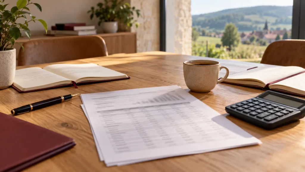 Table de réunion avec tableau d'amortissement imprimé, calculatrice et café
