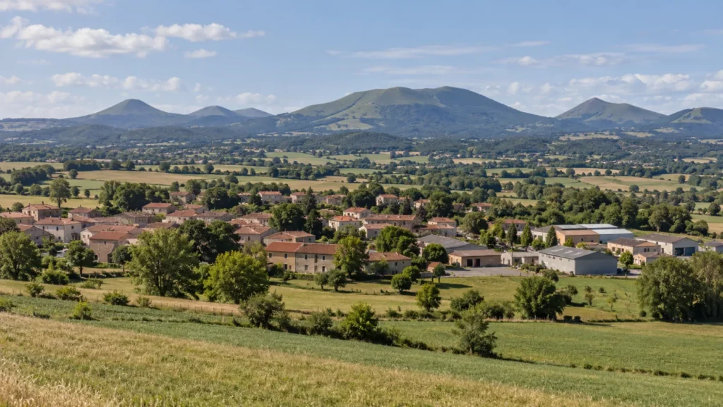 Paysage d'Auvergne : bourg, plaine cultivée et volcans